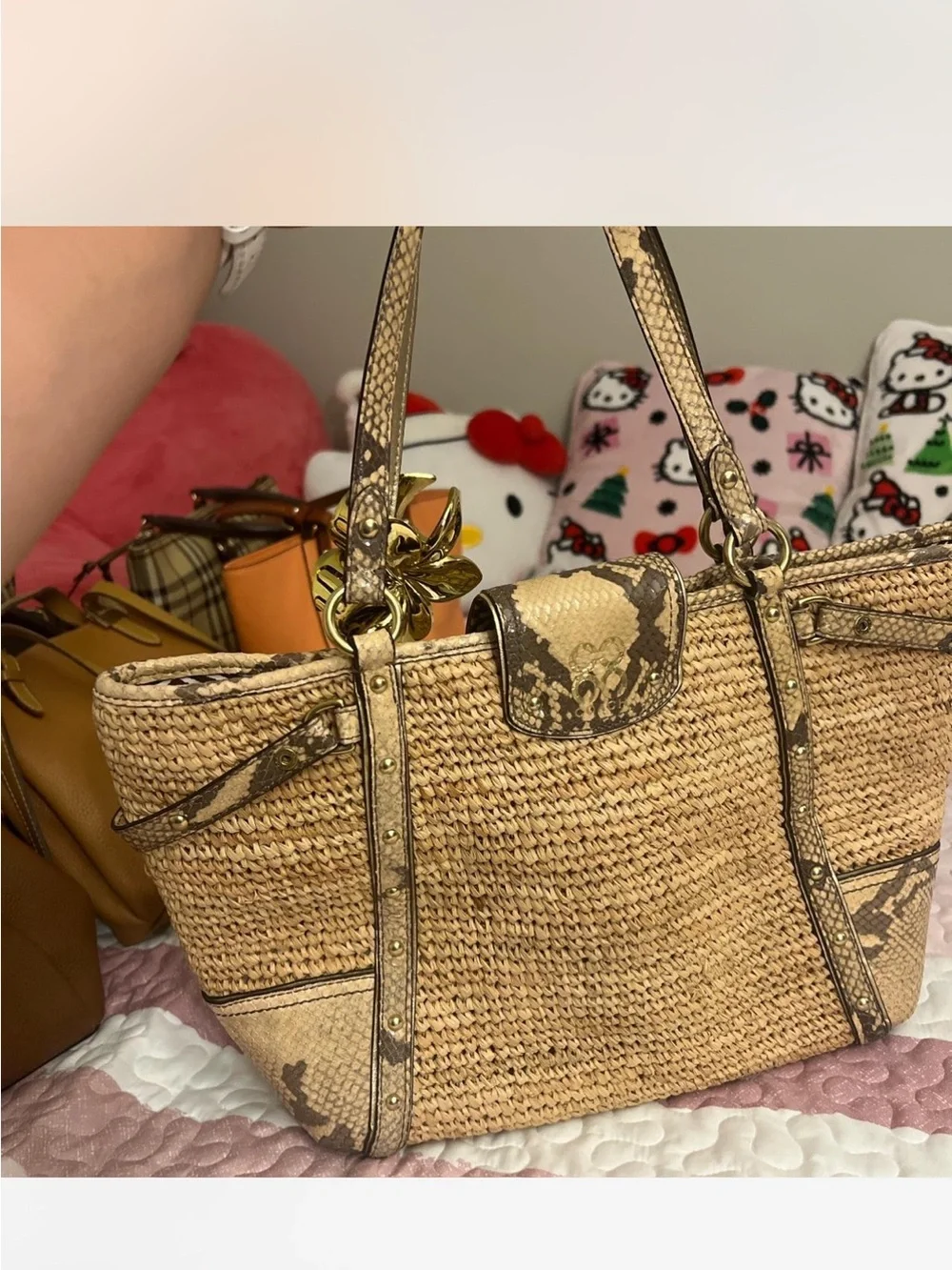 Coach Straw Tote with Snake-Print Trim and Flower Charm - Natural